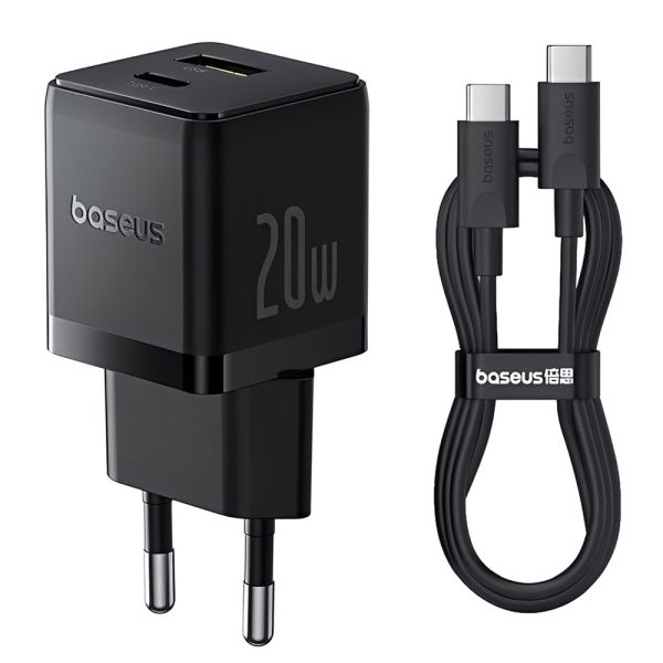 Carregador Baseus Palm Fast Charger 20W USB-C/USB-A Preto com cabo USB-C